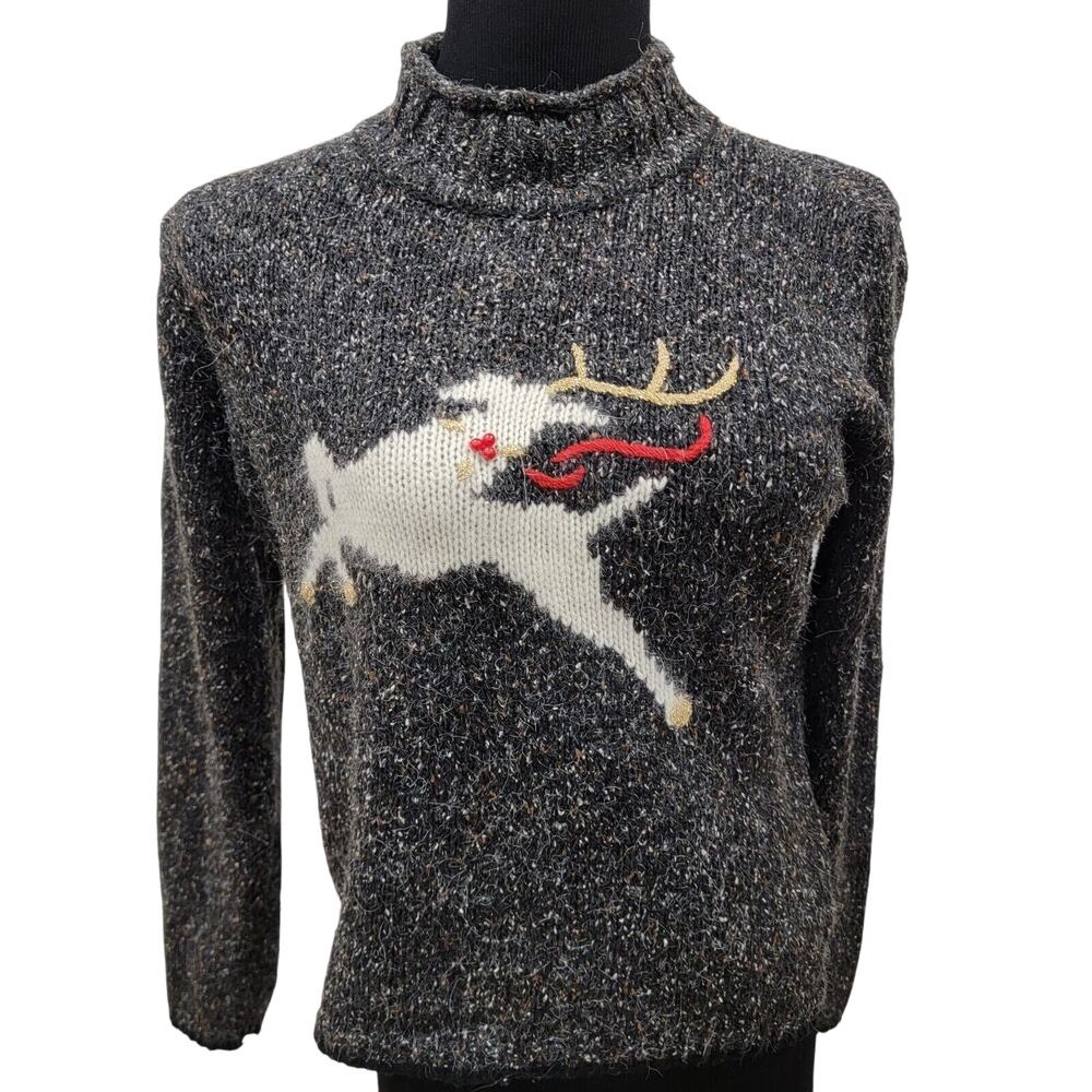 Villager Liz Claiborne Petite Small Vintage Gray Rudolph Christmas Sweater 90s